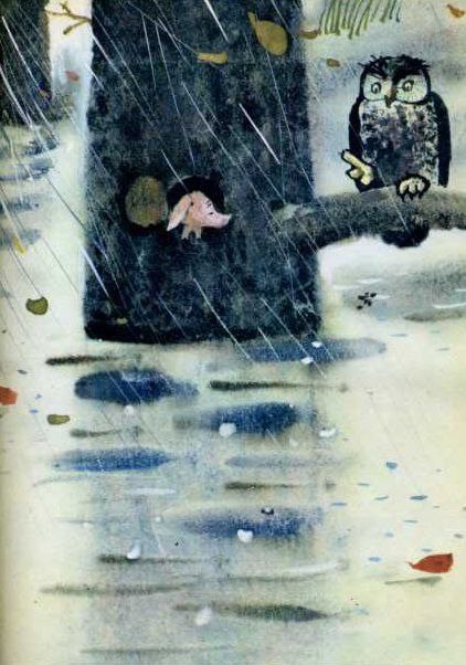 Да, немного страшновато быть Очень Маленьким Существом, совершенно окружённым водой! Кристофер Робин и Пух могут спастись, забравшись на дерево, Кенга может ускакать и тоже спастись, Кролик может спастись, зарывшись в землю, Сова может улететь, а Иа может спастись — ммм... если будет громко кричать, пока его не спасут. А вот я сижу тут, весь окружённый водой, и совсем-совсем ничего не могу сделать!