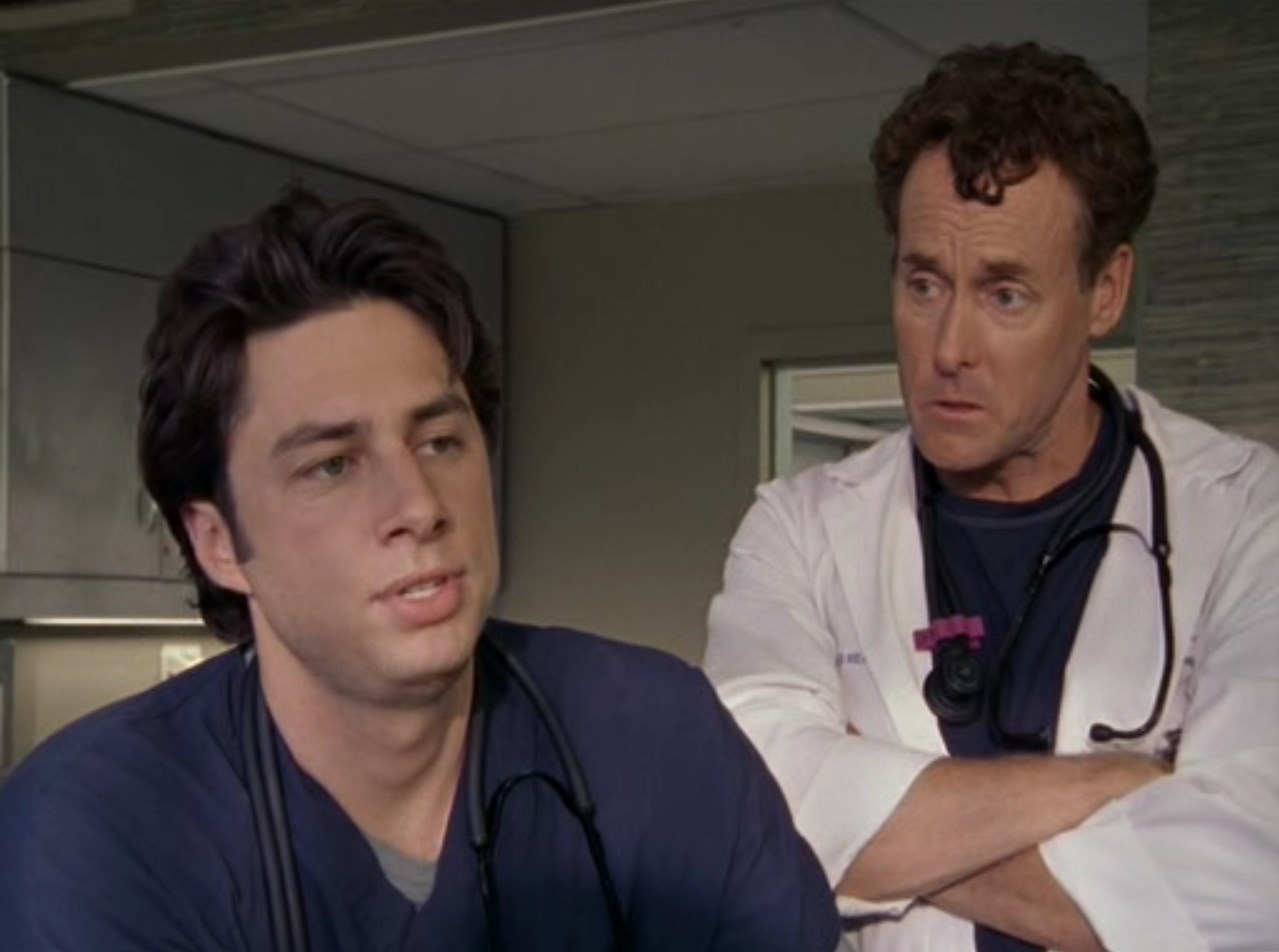 Доктор Перри Кокс Доктор Джон «Джей Ди (J.D.)» Дориан — Я хочу, чтоб вы знали, если у вас есть вопросы, я всегда рядом.
— По какому каналу идет сериал про педиков?
— Ну, скажи ему, ты же знаешь.
— Канал «Браво» по вторникам в десять, в девять по центральному времени, в восемь по горному.