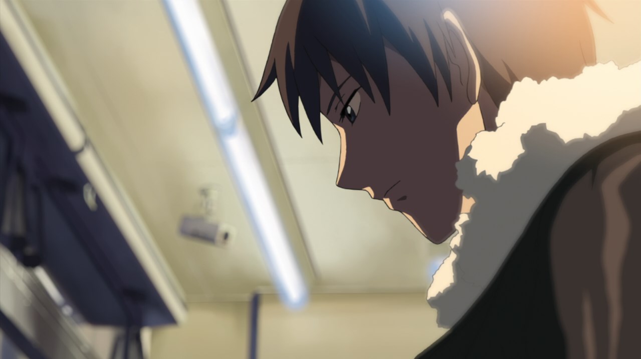 Такаки: — Вчера я видел сон.
Акари: — Очень старый сон.
Такаки: — Во сне нам все еще по тринадцать лет.
Акари: — Вокруг огромная равнина, вся покрытая снегом.
Такаки: — Далекие огни домов расплываются и тонут во тьме.
Акари: — Мы идем по ковру, свежевыпавшего снега, не оставляя следов, идем и думаем...
Такаки: — Однажды мы снова будем любоваться сакурой вместе.
Акари: — Ни он, ни я не сомневаемся в том, что все будет...
Такаки: — ...будет именно так!