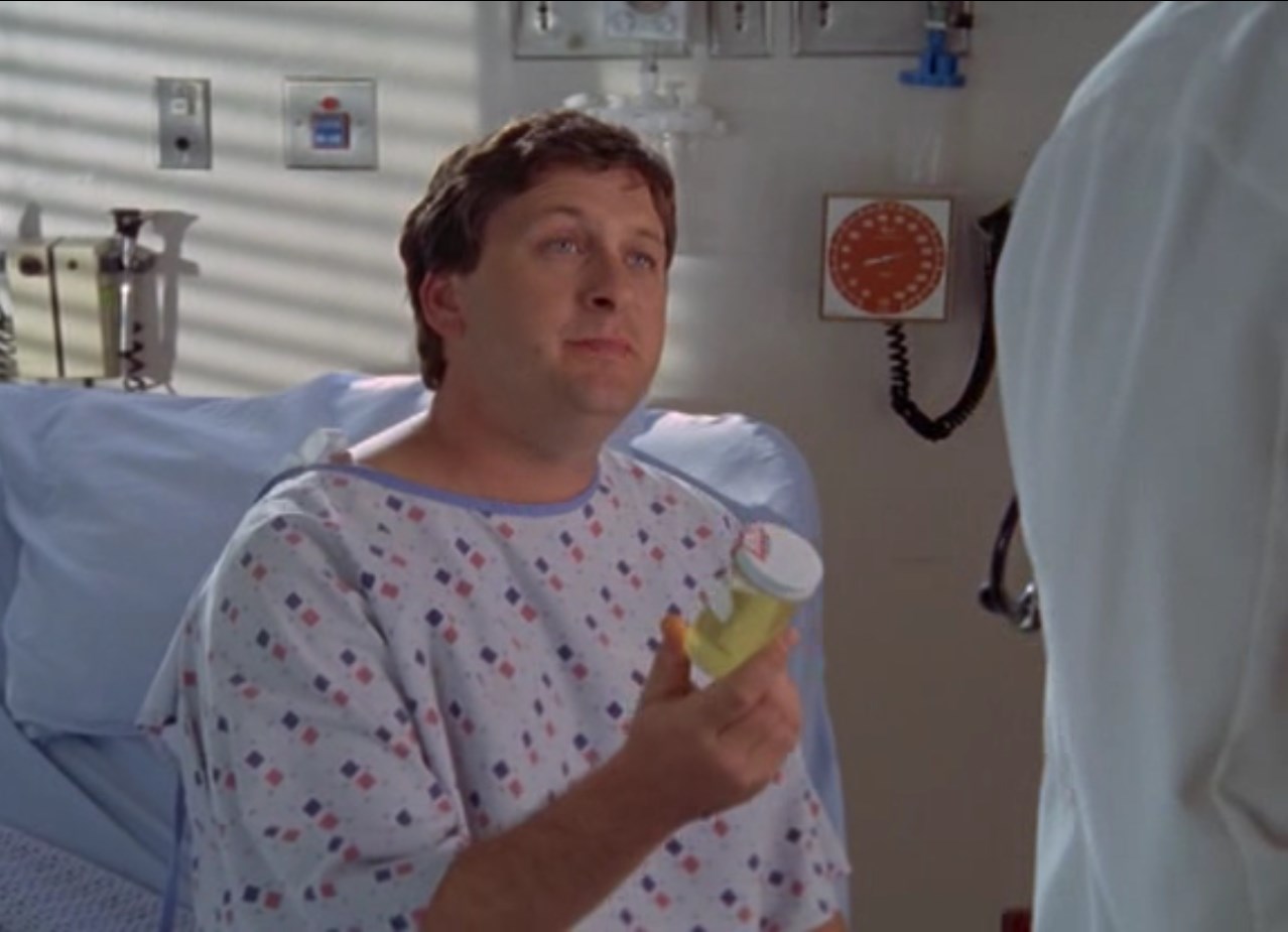 — Хех, уже наверно в тысячный раз писаю для вас в стаканчик...
— [поднимает баночку с анализом] Ну что ж, тогда — За нас!... Что, ещё не готовы веселиться?
— Нет, не очень.