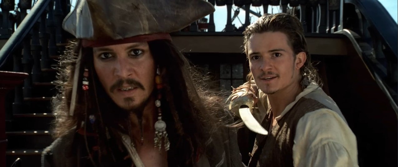 — Сохранять спокойствие. Мы захватили это судно.
— Да, ни с места.
— Вдвоём с ним не управиться. Даже из гавани не выйти.
— Сынок. Я капитан Джек Воробей. Смекаешь?