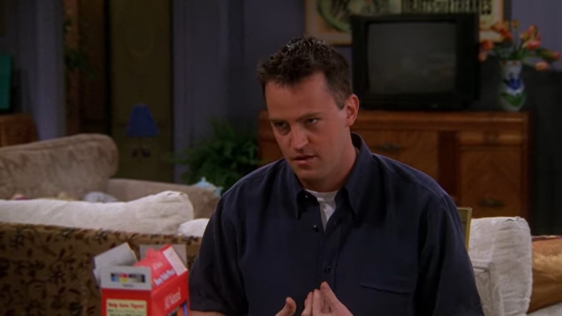 — А что мне делать с работой?..
— Так не ходи!
[Чендлер вскочил со стула]
— ДА!!!