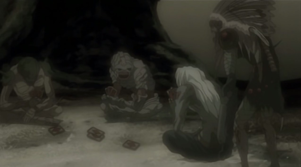 — Говорят, Рюук живет у человека, как домашнее животное...
— Интересно, о чём он думает?
— У него совсем нет гордости! Он нас просто позорит!
— Нет, я говорю о человеке, который его приютил! Зачем держать в доме такую уродину, как Рюук?
— Что это за человек? Он женщина или мужчина?