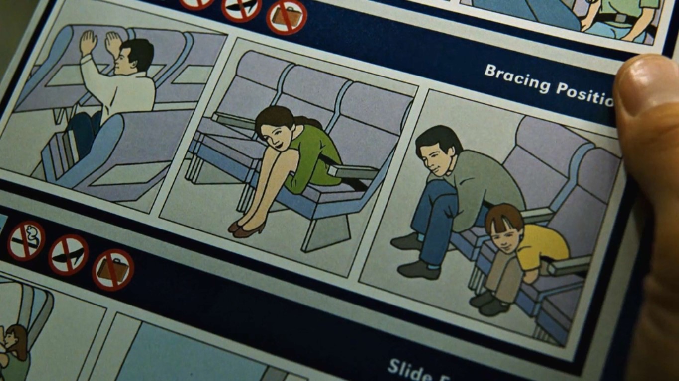 Джек (рассказчик) — Знаете, для чего в самолётах нужны кислородные маски?
— Чтобы дышать.
— Кислород опьяняет. В катастрофических ситуациях люди впадают в панику и бешено глотают воздух, и вдруг эйфория, покой, и ты смиряешься с судьбой. Вот рисунок. Аварийное приводнение — 600 миль в час. А на лицах спокойствие, как у коров в Индии.
— Это интересная теория.