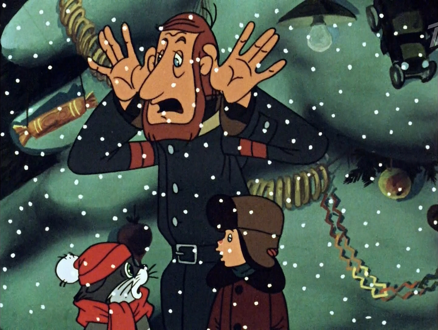 — Ой, какая радость! Там, в телевизоре, какой-то дядя с большими усами вашей маме цветы подарил!
— Я бы этому дяде с большими ушами уши бы пооткрутил!
— Я сейчас вам его покажу. Вот он, этот коварный тип гражданской наружности!