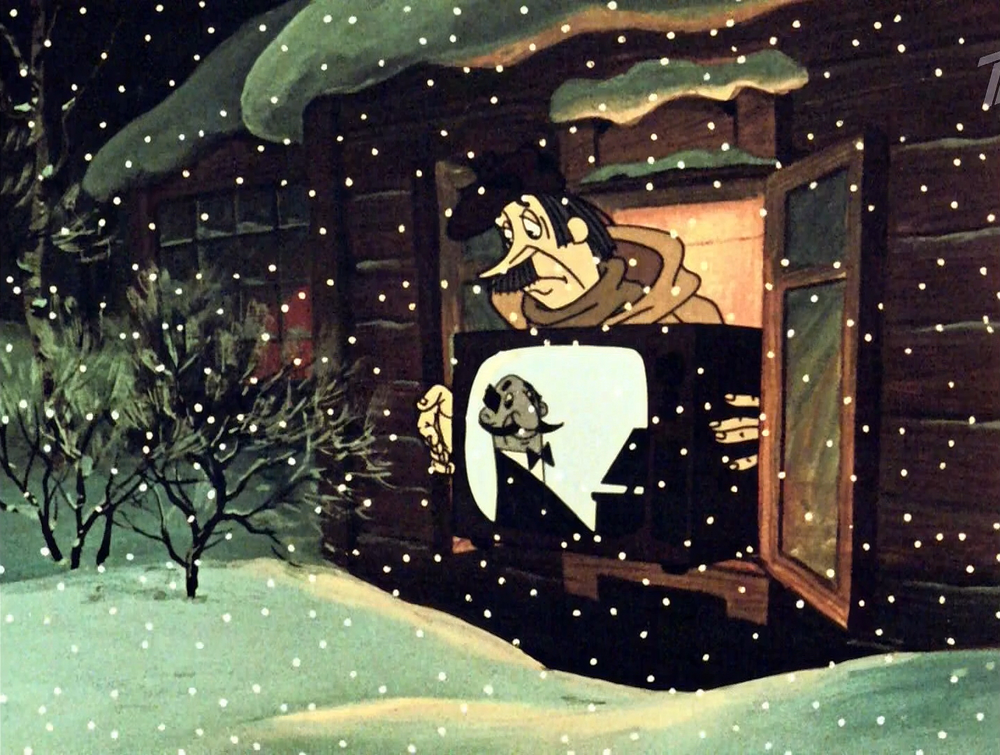 — Ой, какая радость! Там, в телевизоре, какой-то дядя с большими усами вашей маме цветы подарил!
— Я бы этому дяде с большими ушами уши бы пооткрутил!
— Я сейчас вам его покажу. Вот он, этот коварный тип гражданской наружности!